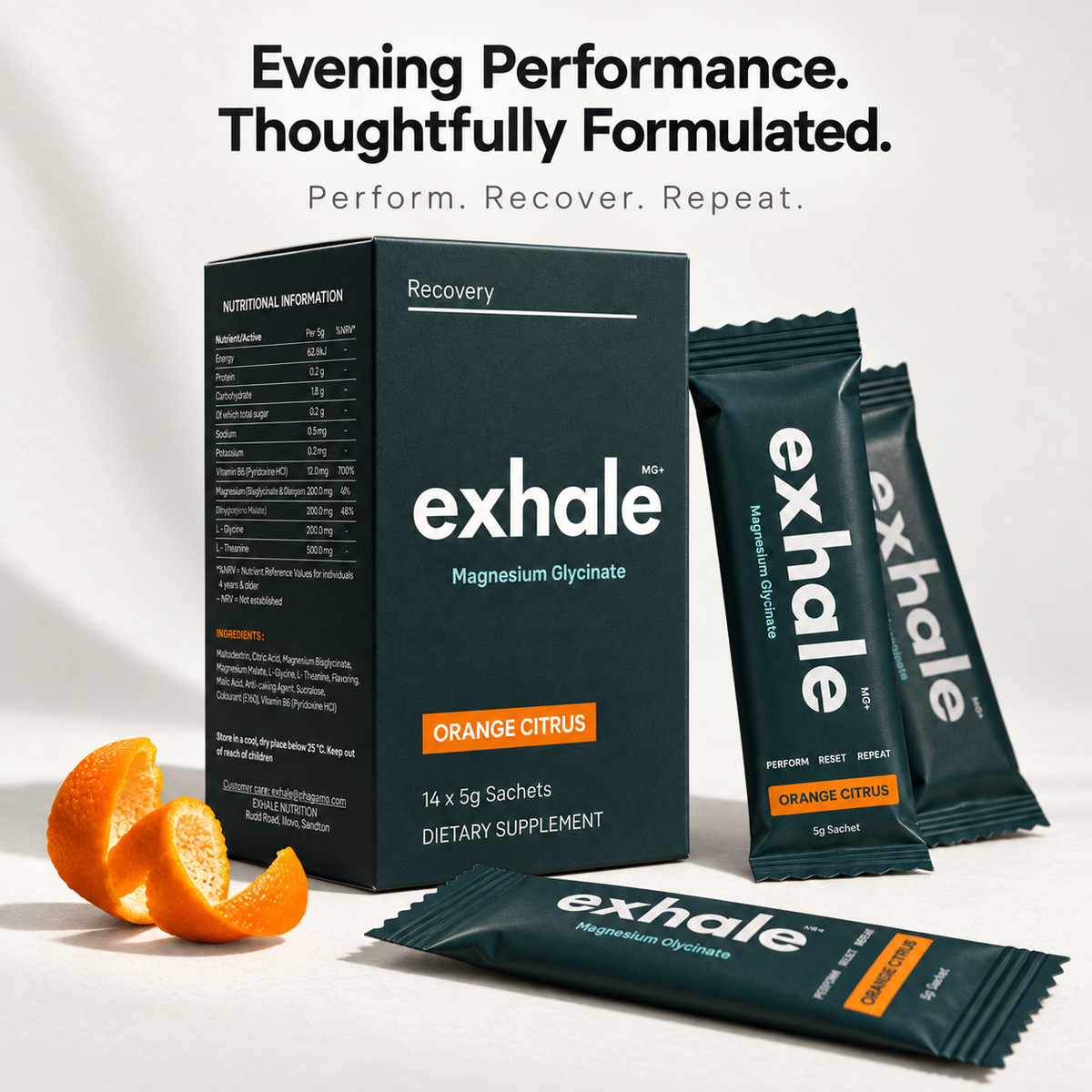 Exhale MG+ Magnesium Bisglycinate and Malate: Orange Citrus (14 × 5 g sachets)