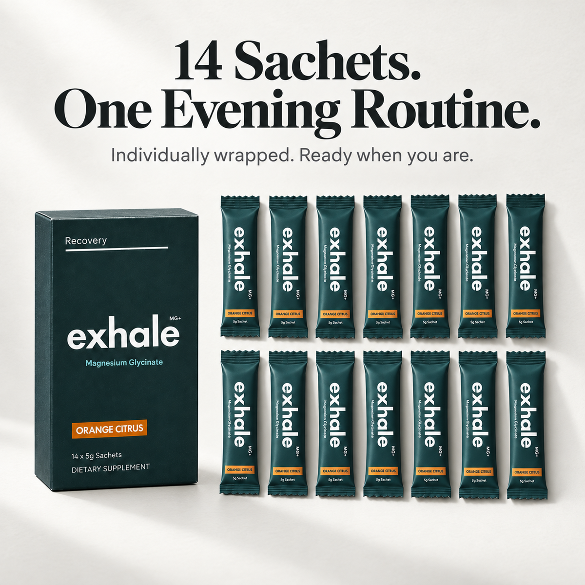 Exhale MG+ Magnesium Bisglycinate and Malate: Orange Citrus (14 × 5 g sachets)