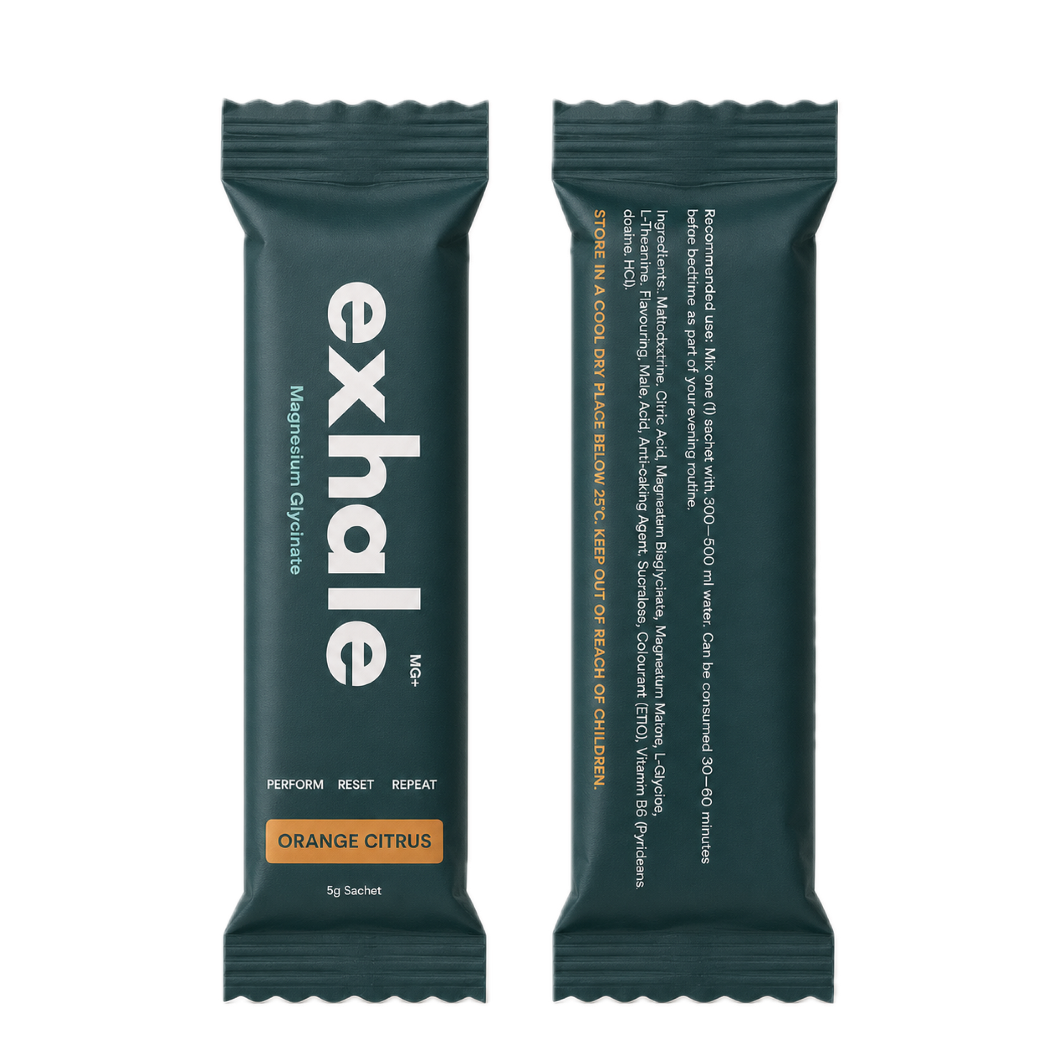 Exhale MG+ Orange Citrus sachet shown from the front and back